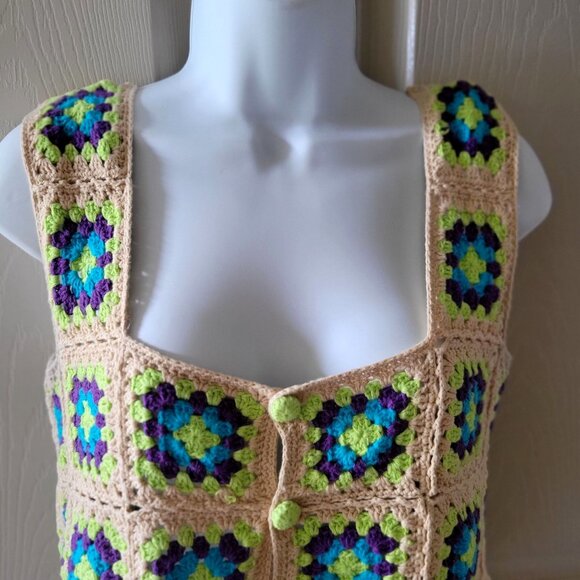 Zara Crochet Granny Square Vest Knit Top Sleeveless Boho Style -S - Picture 4 of 9
